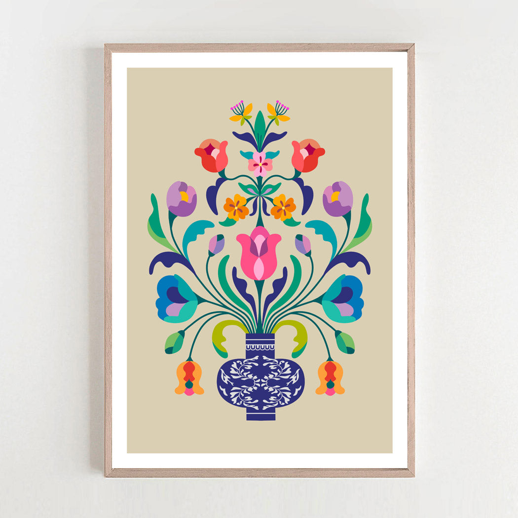 Elevate your space with the vibrant geometry of folk art, perfectly balanced by natural light and organic textures.
