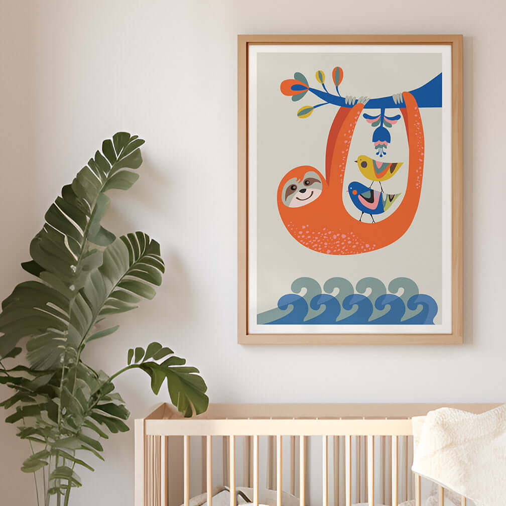 Adorable baby's room with a cute sloth print on the wall.