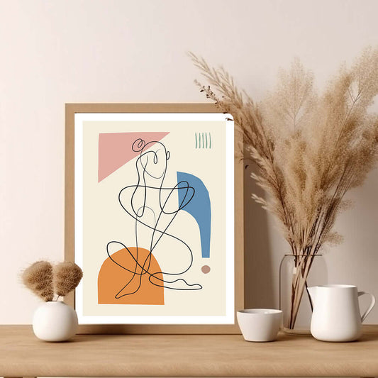 A framed art print of a woman sitting on a chair, showcasing elegance and tranquility.