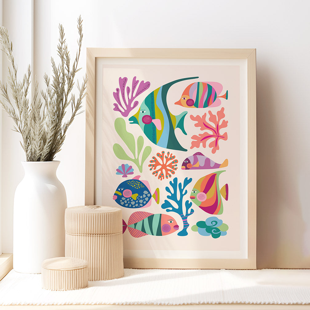 A vibrant tropical fish and coral print adorning a white wall, adding a burst of color and life to the room.