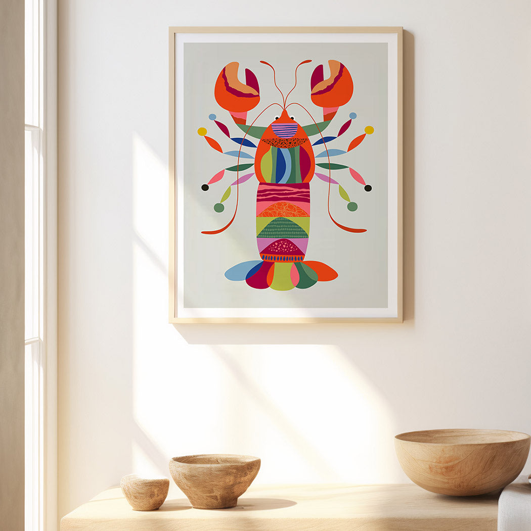 Geometric lobster, a playful pop of color on a light background. A cheerful piece.
