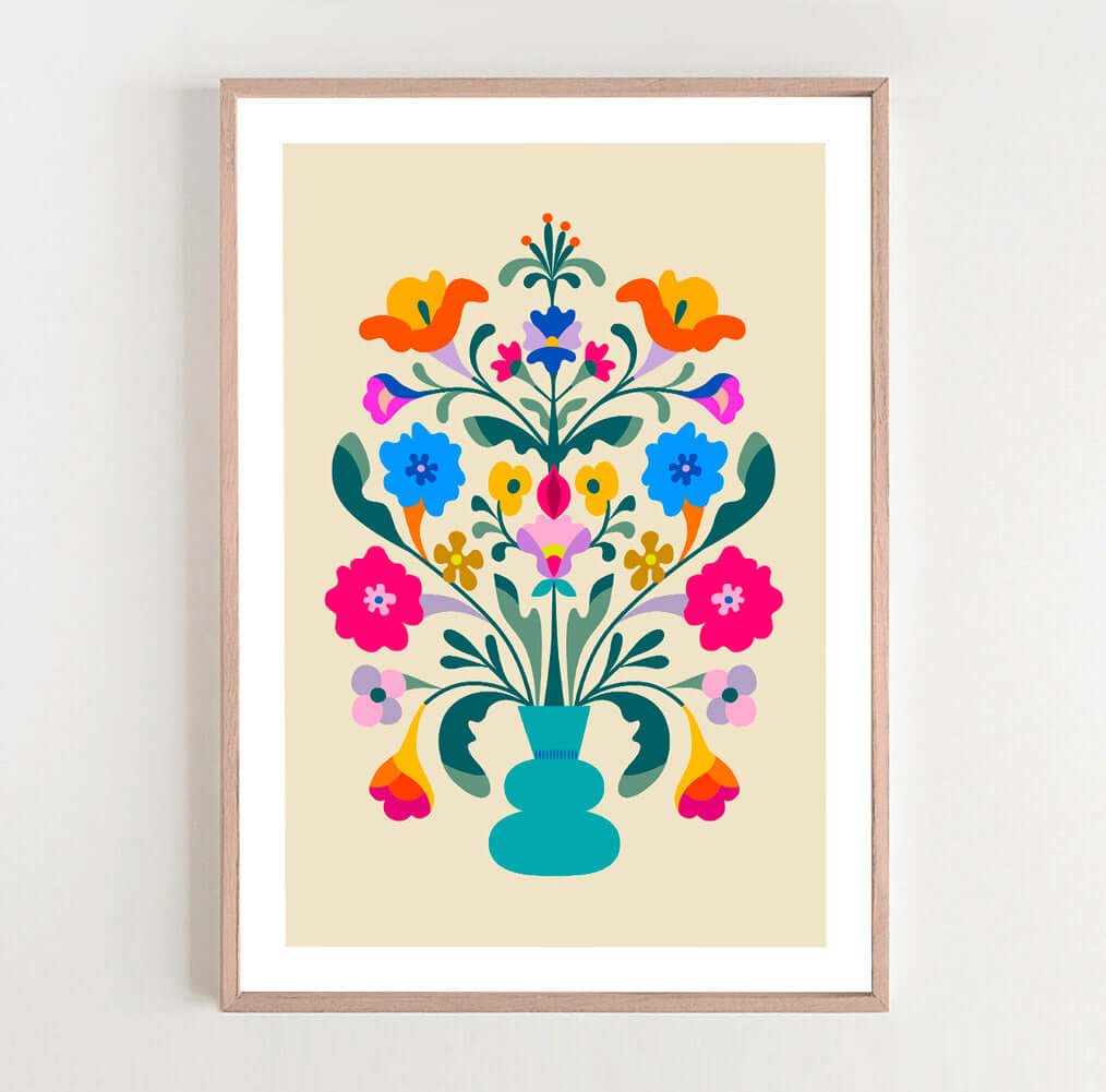 Vibrant flower arrangement in a framed print on a table - Flower with vase print.