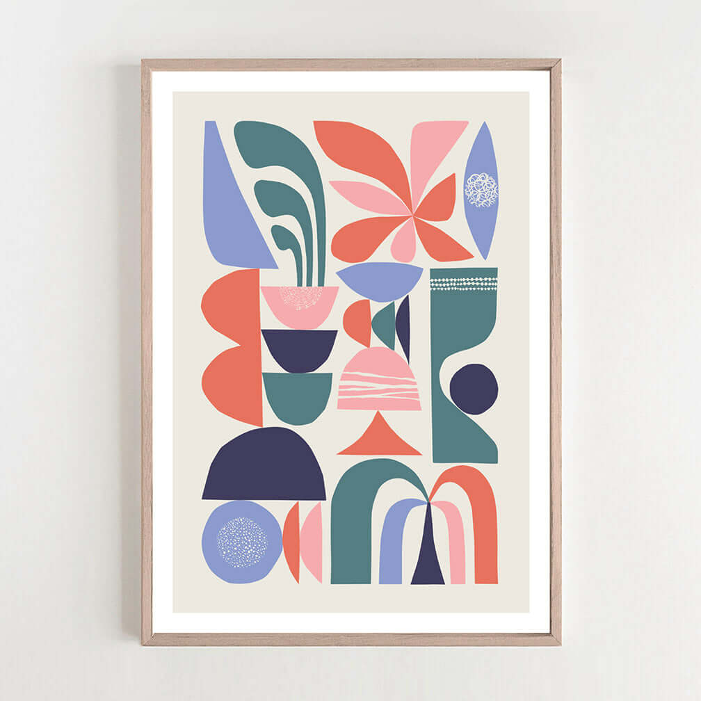 A framed art print showcasing a harmonious blend of geometric shapes and delicate flowers.