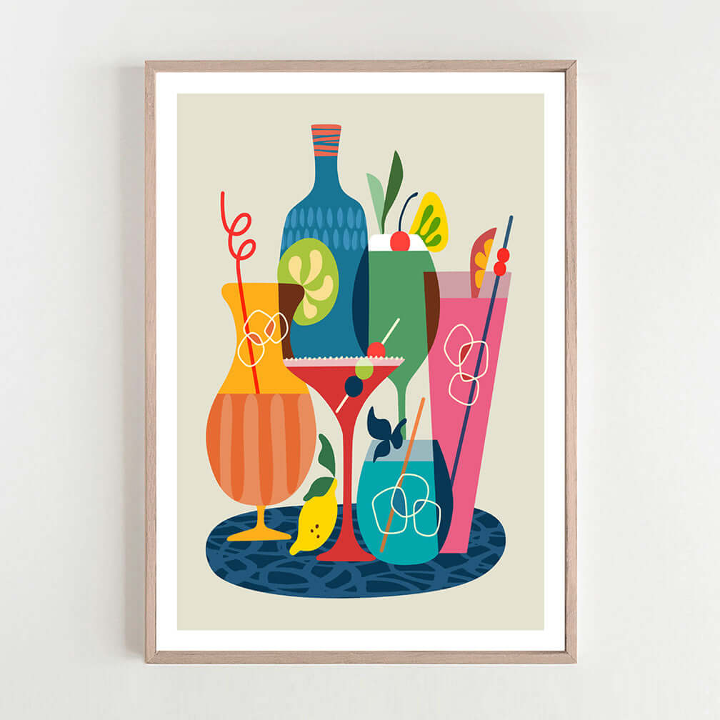 A vibrant art print showcasing a variety of drinks and fruits, bursting with colors and flavors.