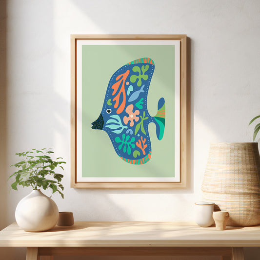 A vibrant framed art print featuring a tropical fish adorned with colorful, intricate designs.  