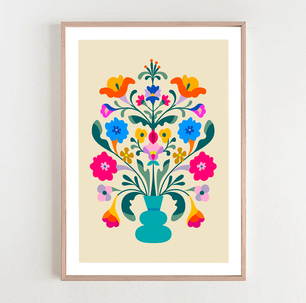 Colorful floral print on white wall, perfect for adding a pop of nature to your space.