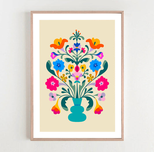 Colorful floral print on white wall, perfect for adding a pop of nature to your space.