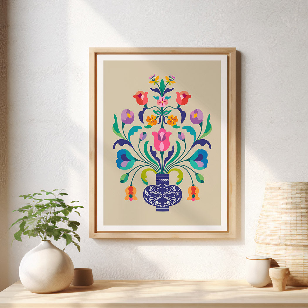 Elevate your space with the vibrant geometry of folk art, perfectly balanced by natural light and organic textures.