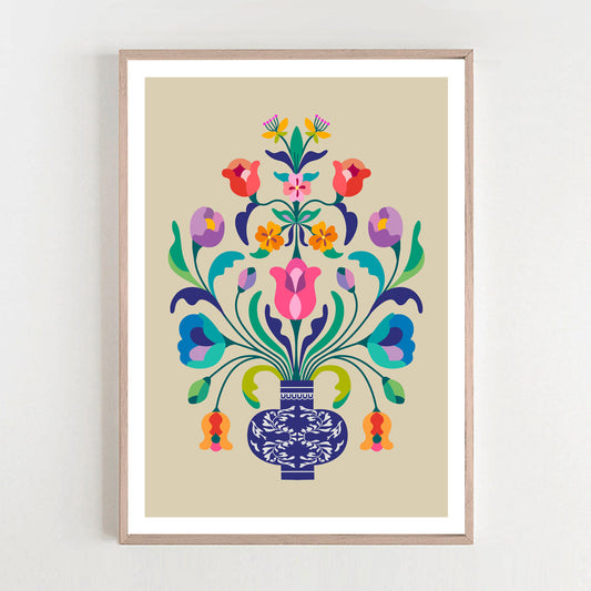 Elevate your space with the vibrant geometry of folk art, perfectly balanced by natural light and organic textures.