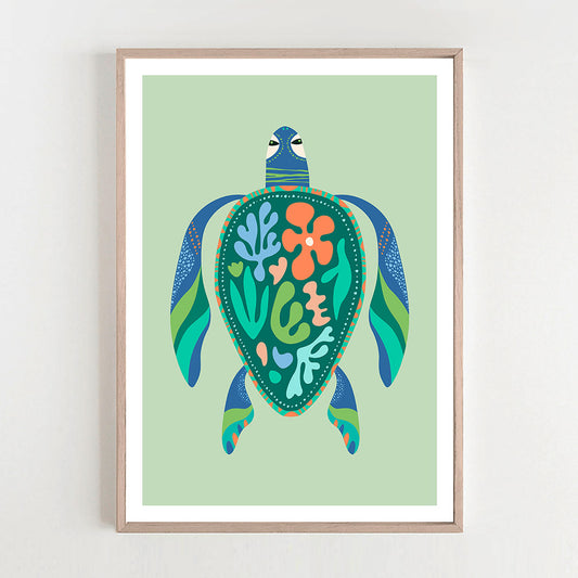 Vibrant turtle wall art featuring a beautiful underwater scene, ideal for bringing a pop of color to any room.