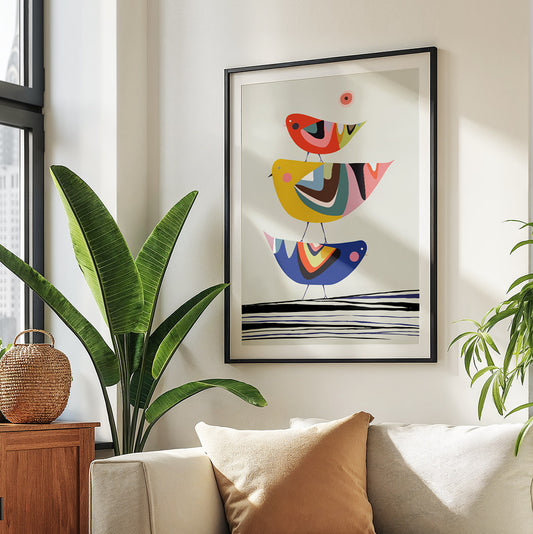Framed abstract art of colorful birds on a wall above a sofa with plants around.