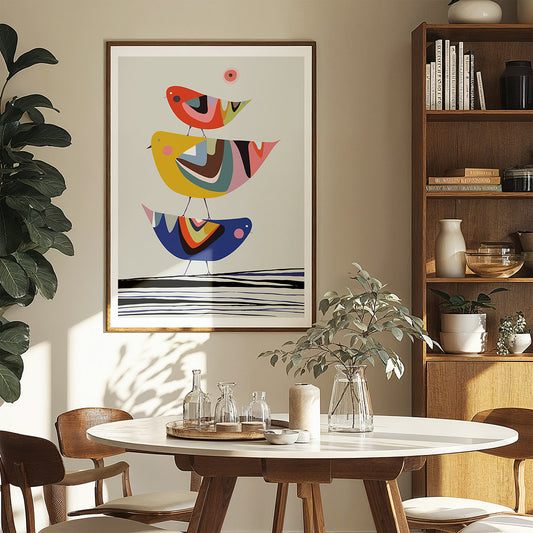Dining room with a round table, chairs, and a colorful abstract painting on the wall.