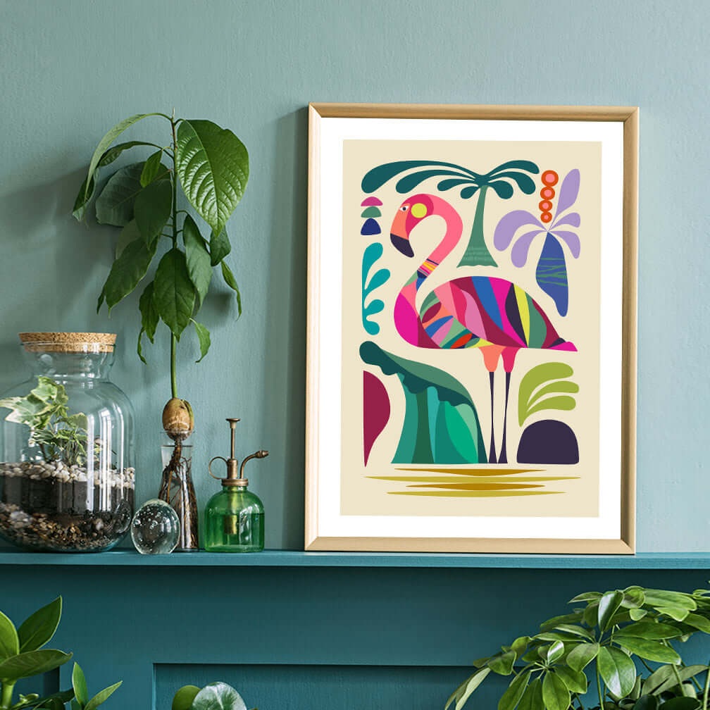 A vibrant flamingo in a lush tropical jungle. Perfect flamingo wall art to add a touch of nature's beauty to your space.