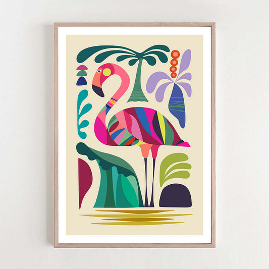 A vibrant flamingo in a lush tropical jungle. Perfect flamingo wall art to add a touch of nature's beauty to your space.