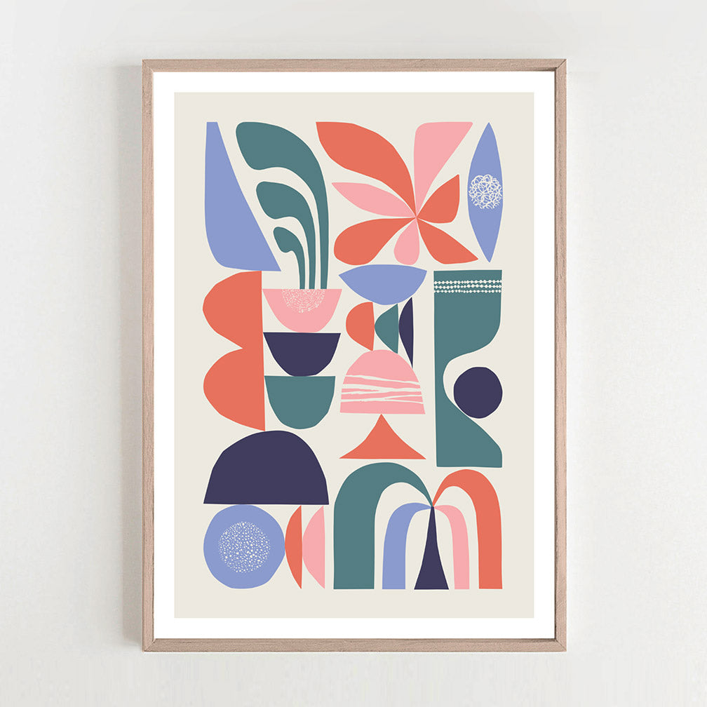 mid-century wall art print featuring geometric shapes and flowers, elegantly framed. 