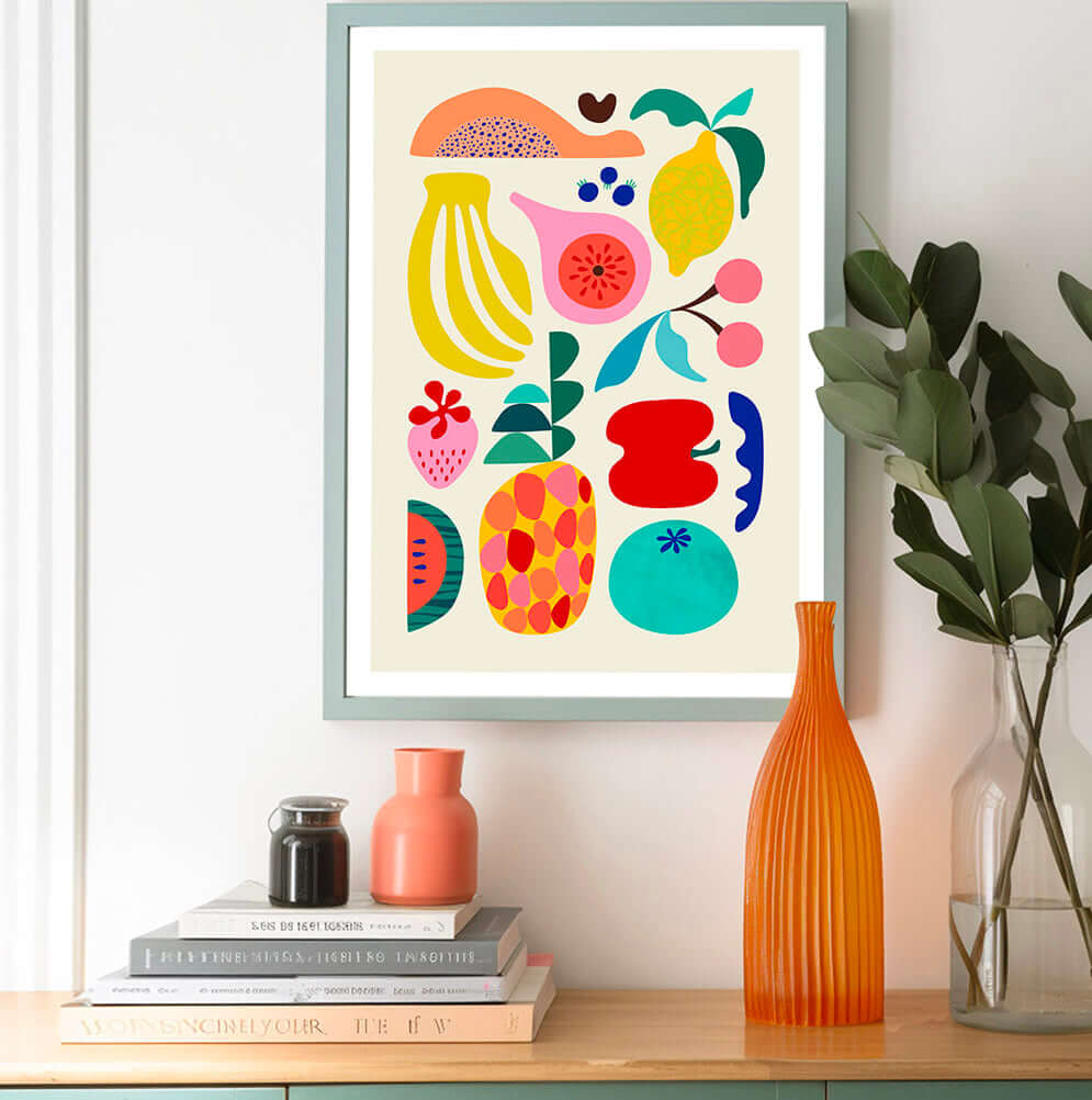 Colorful summer fruit wall art featuring watermelon, pineapple, and citrus slices on a vibrant background.