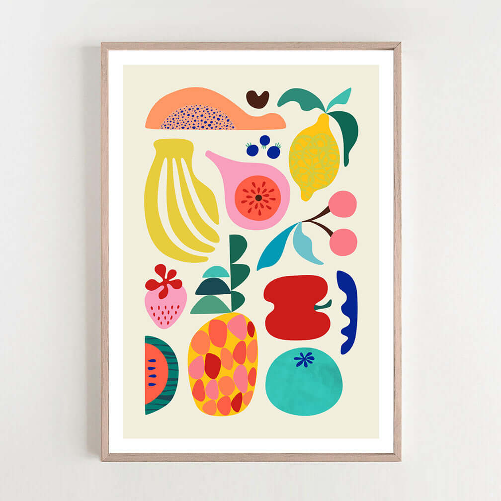 Bright and cheerful wall art with summer fruits like watermelon, pineapple, and citrus slices.