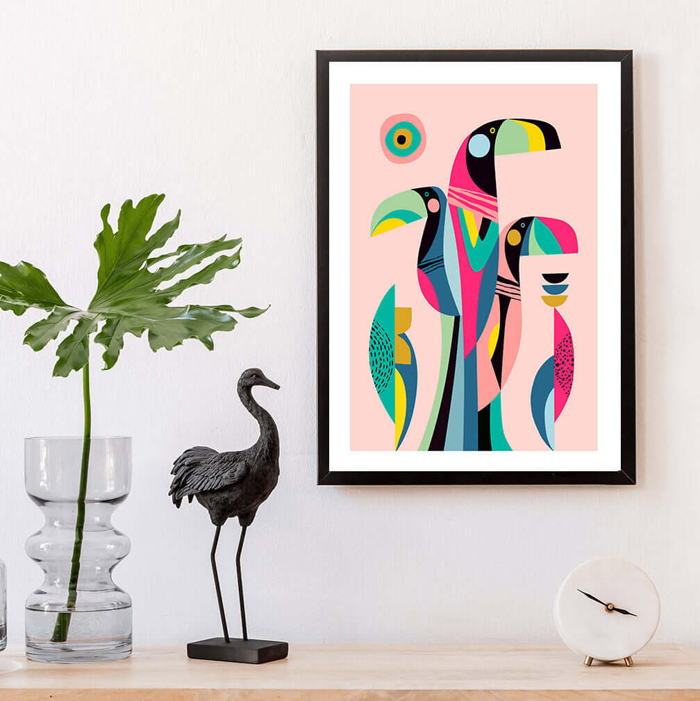 Abstract toucans print: vibrant colors and bold shapes create a captivating artwork. A tropical masterpiece!