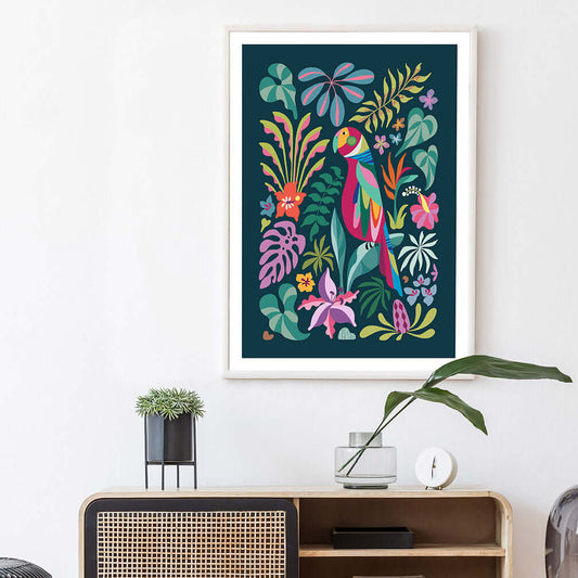 Colorful tropical parrot art print on canvas.