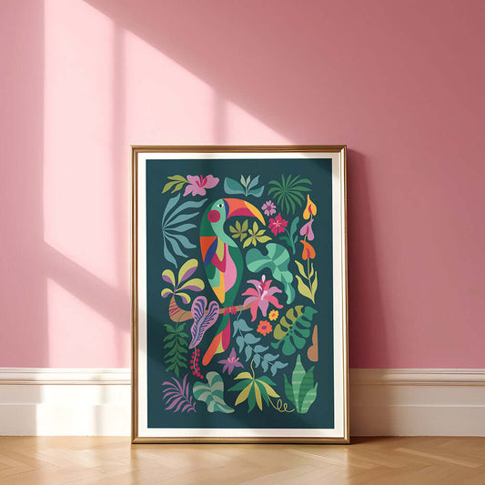 Colorful toucan art print with tropical vibes, perfect for adding a pop of nature to your space.