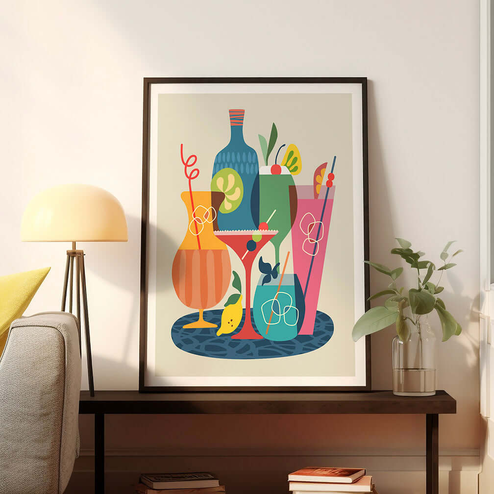 Colorful cocktails and drinks displayed on a table in a vibrant poster.