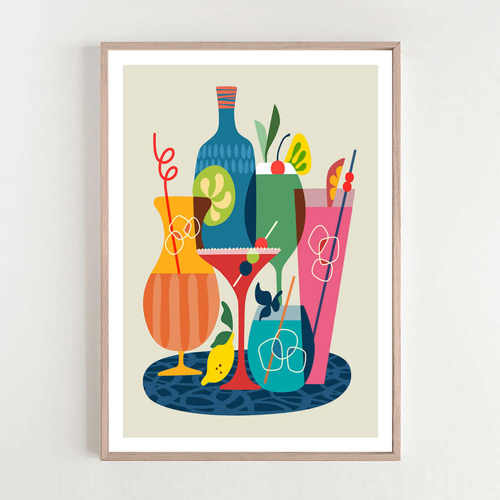 Colorful art print featuring a vibrant assortment of drinks and fruit. A delightful blend of colors and flavors.