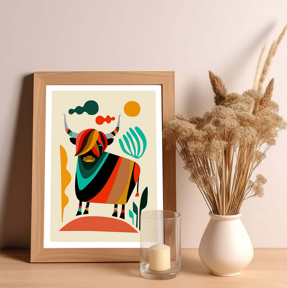Colorful striped highland cow art print in frame.