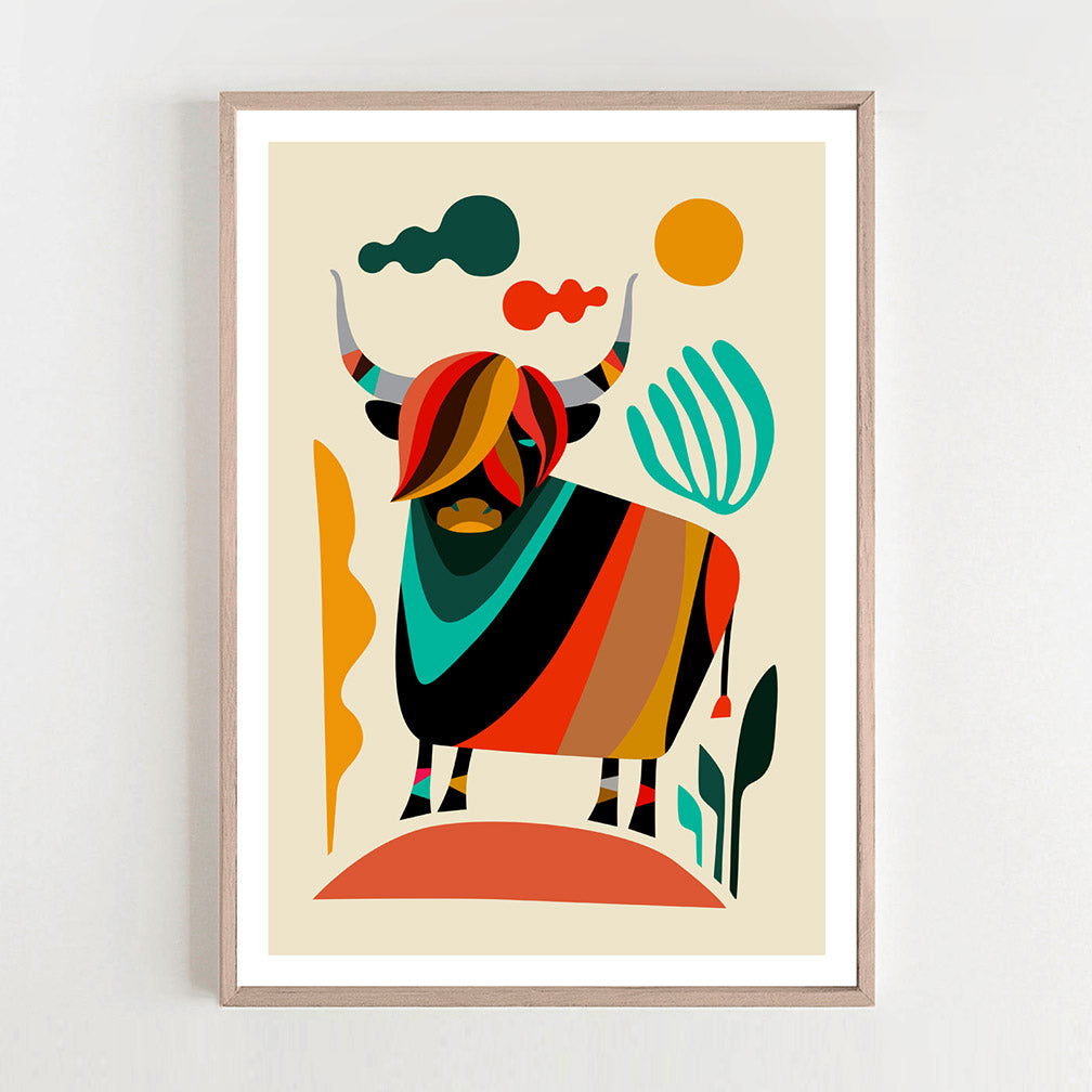 Framed highland cow print with vibrant stripes.