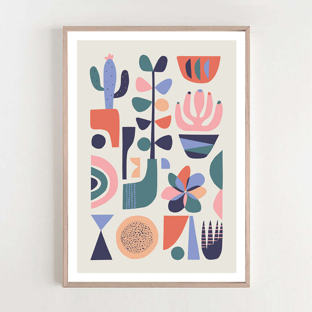 Vibrant plant and flower print in decorative frame.
