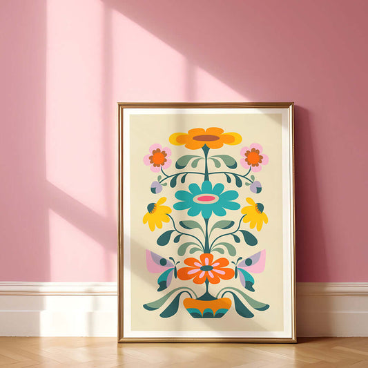 Retro flowers art print: A vibrant and colorful design featuring retro-style flowers in full bloom. Perfect for adding a pop of nostalgia to any space.