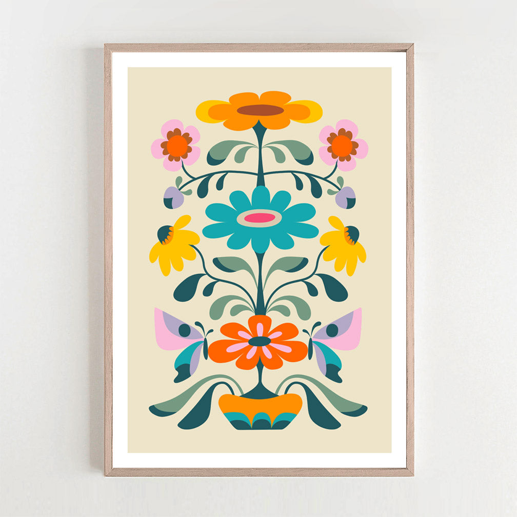 Retro flowers art print: A vibrant and colorful design featuring retro-style flowers in full bloom. Perfect for adding a pop of nostalgia to any space.