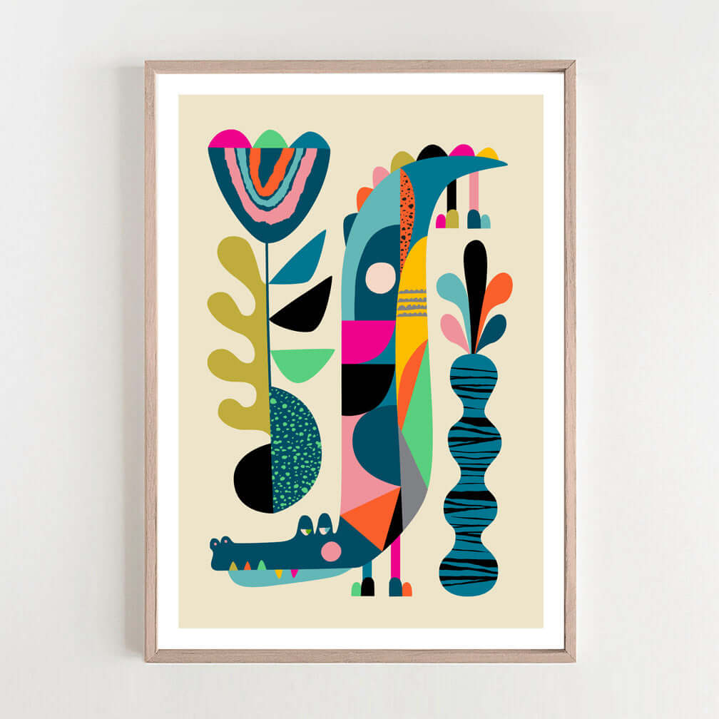 An eye-catching crocodile art print, filled with a myriad of colors and intricate designs, beautifully displayed on a wall.