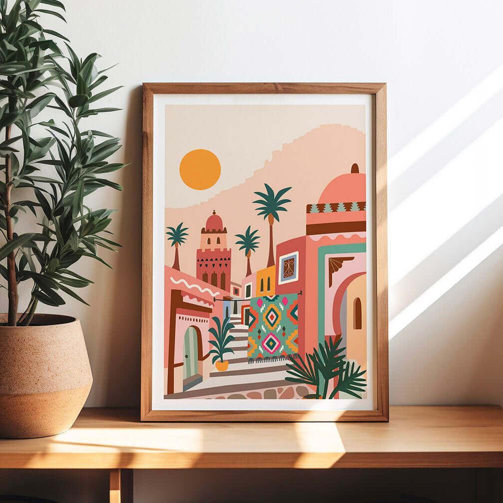 Vibrant Moroccan sunset print featuring a colorful town with palm trees in a framed print.