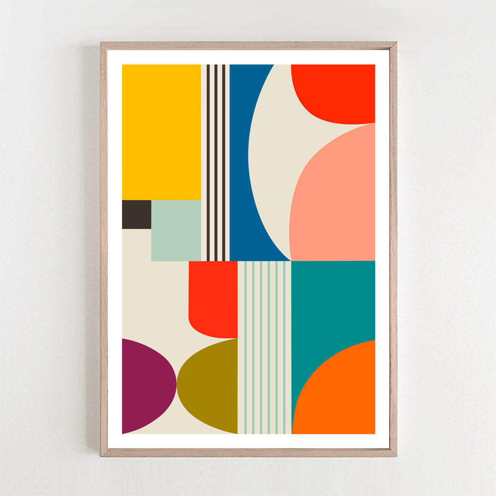 Vibrant mid-century art print showcasing colorful shapes and patterns in a framed display.