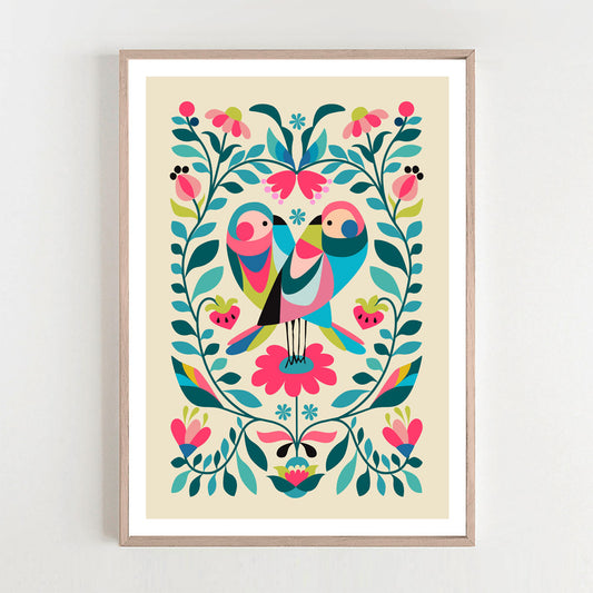 Two colorful love birds perched on a branch, surrounded by vibrant flowers and leaves. A beautiful print for bird lovers.