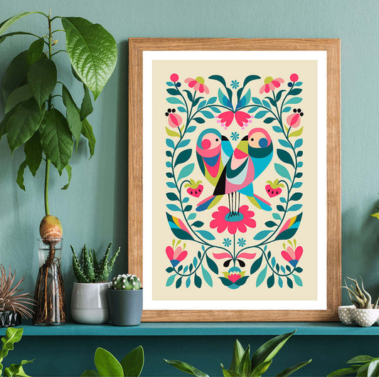 Two colorful love birds perched on a branch, surrounded by vibrant flowers and leaves. A beautiful print for bird lovers.