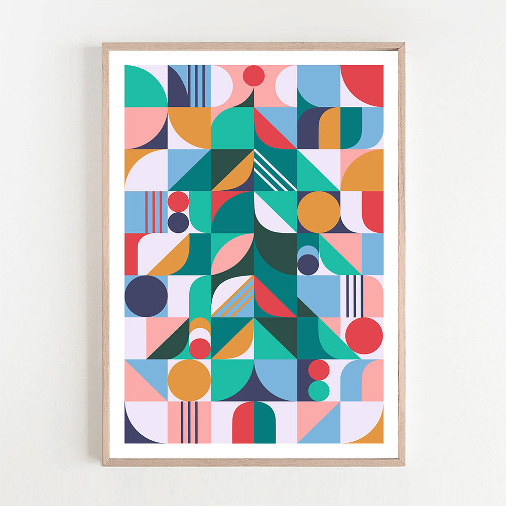 A vibrant abstract Christmas Tree art print featuring colorful geometric shapes.