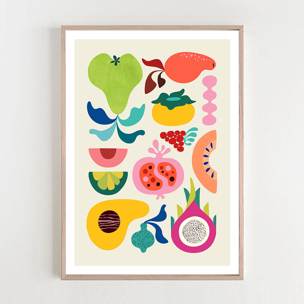 Wall art featuring colorful fruits brightens up the space.