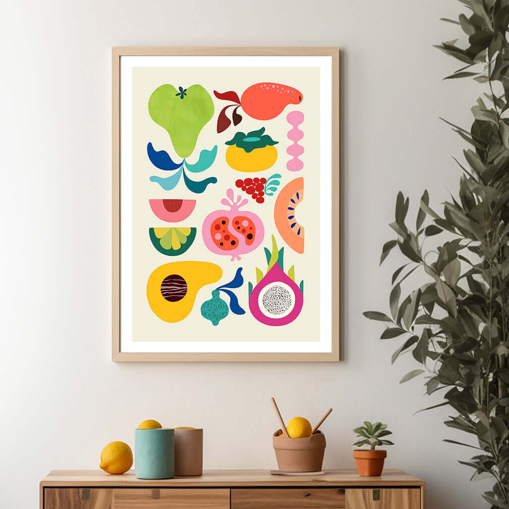 Vibrant fruit art print adds a pop of color to the room.