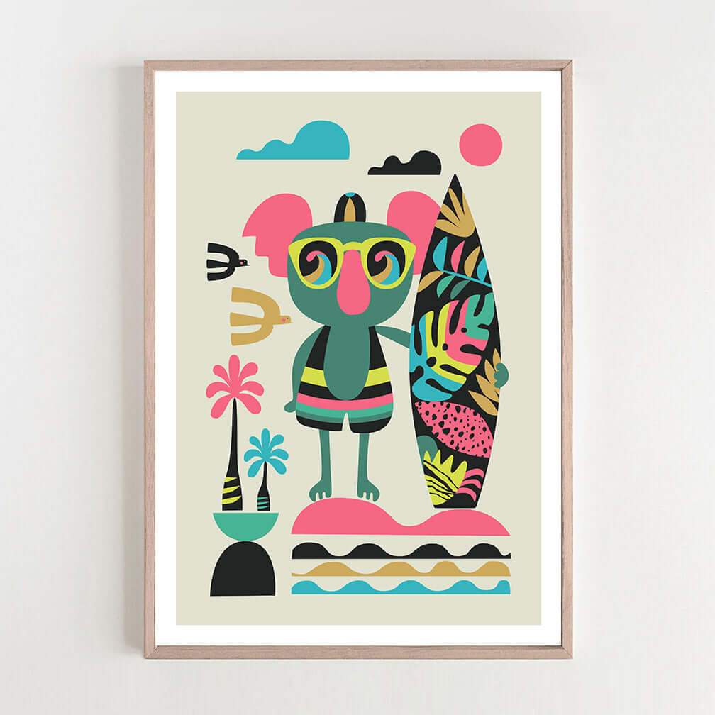 This print featuring Adorable koala holding a surfboard with palm trees in the background. 