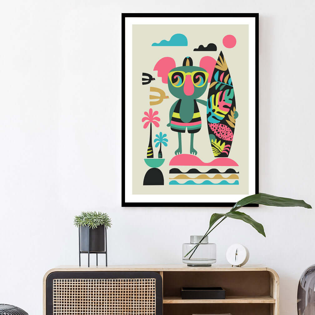 This print featuring Adorable koala holding a surfboard with palm trees in the background.
