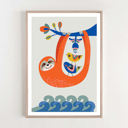 A vibrant poster featuring a sloth and birds hanging from a tree. Perfect for sloth lovers and nature enthusiasts!