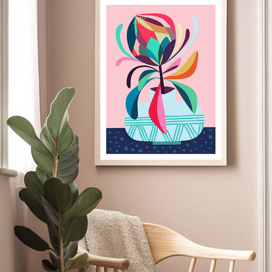  A beautiful protea print featuring vibrant colors and intricate details. Perfect for adding a touch of nature to any space.