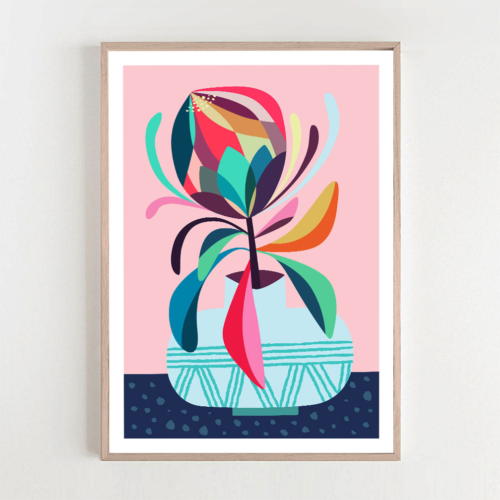  A beautiful protea print featuring vibrant colors and intricate details. Perfect for adding a touch of nature to any space.