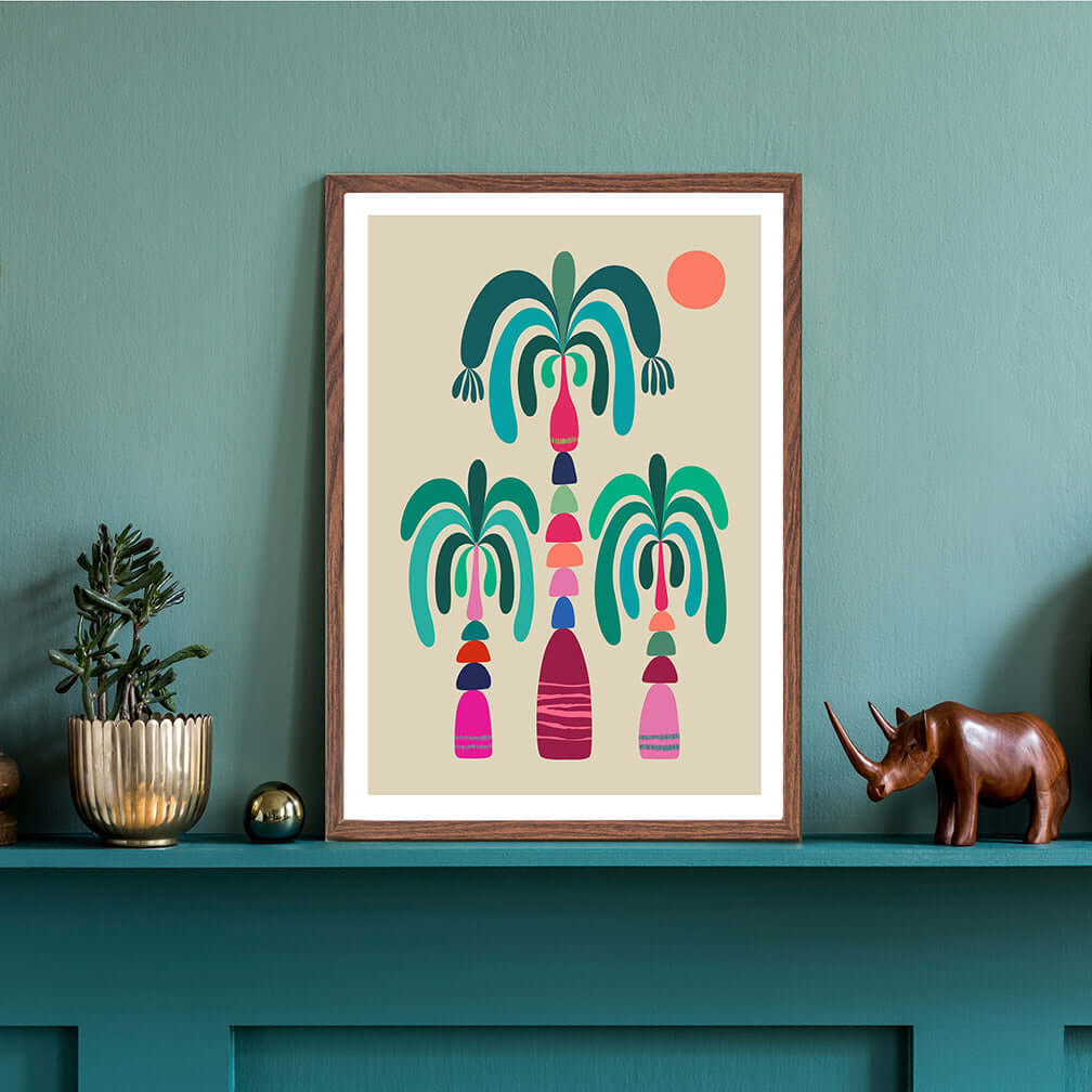 Tropical palm trees print on a white background, perfect for adding a touch of paradise to your decor.