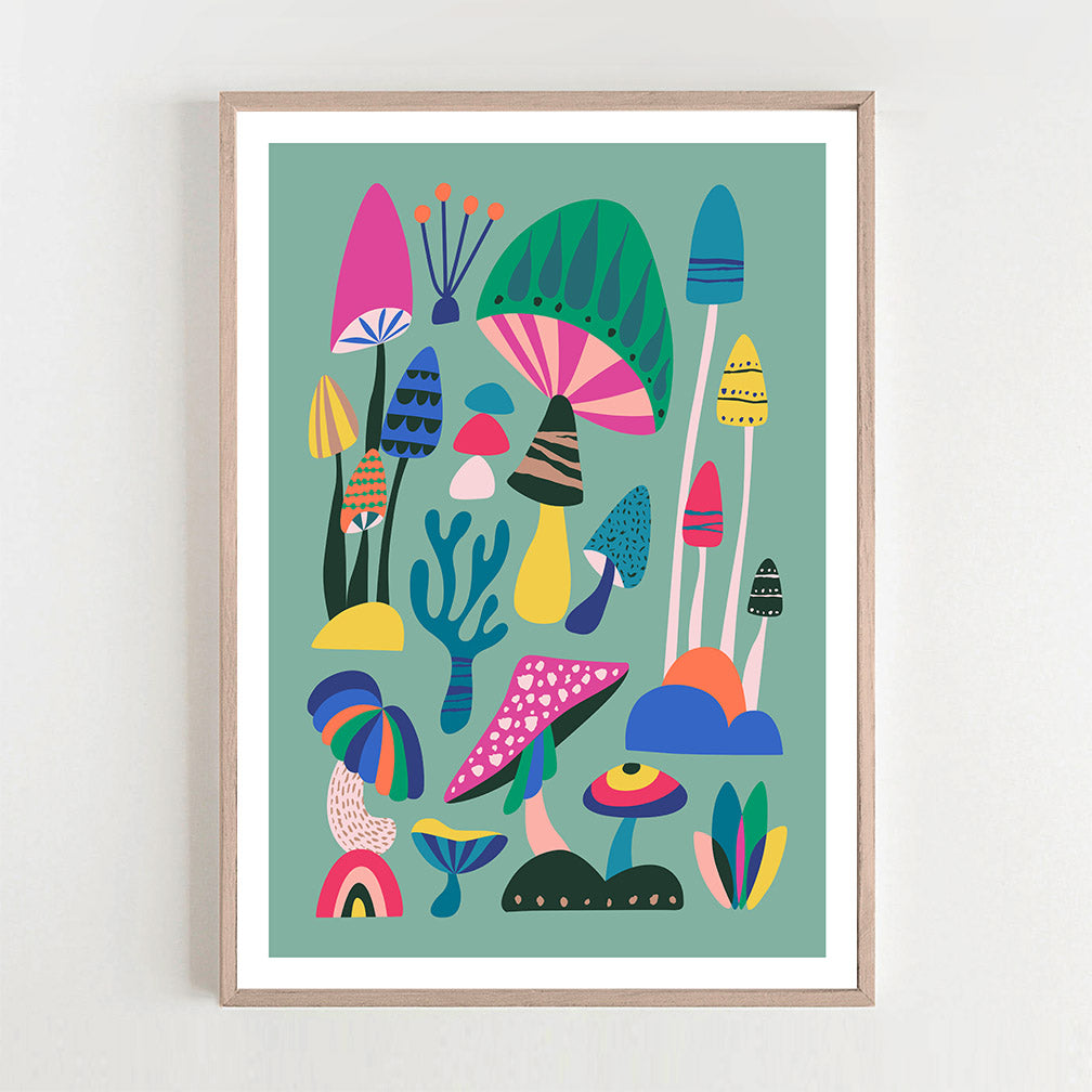 Transform your wall with a stunning abstract art print, showcasing a beautiful array of colors. This mushroom-inspired print is sure to captivate and bring a lively atmosphere to your room.