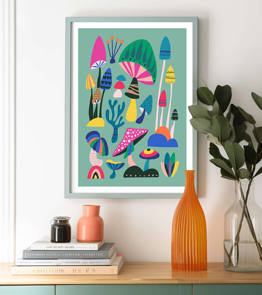 A vibrant abstract art print featuring colorful patterns and shapes, hanging on a wall. Perfect for mushroom lovers!