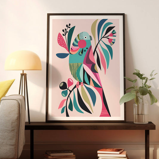 Colorful parakeet art brightens up the living room wall.