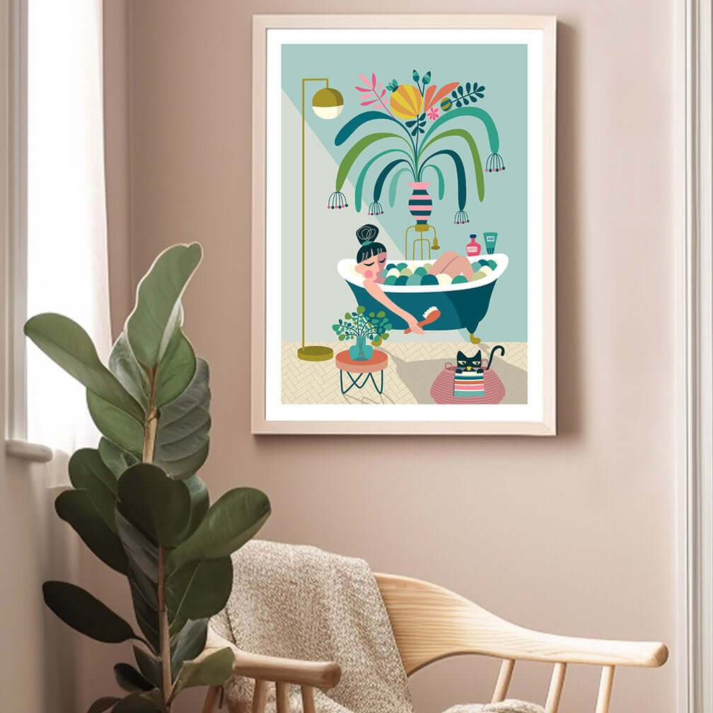 A beautiful framed art print featuring a woman in a bathtub, adding elegance to any space.