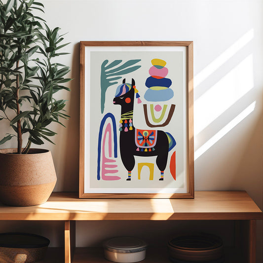 A cute llama print displayed in a frame on a shelf – perfect decor for llama admirers.